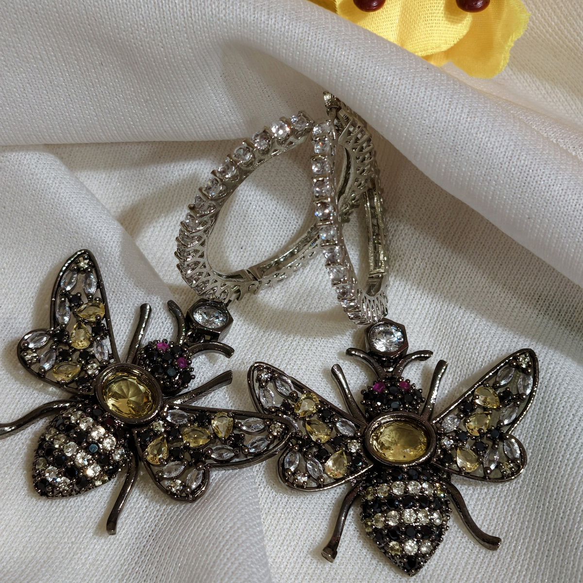 Close-up of Multicolour Nano Setting AD Bee Drop Earrings