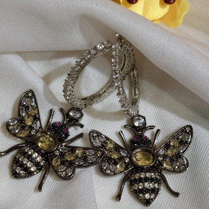 Close-up of Multicolour Nano Setting AD Bee Drop Earrings