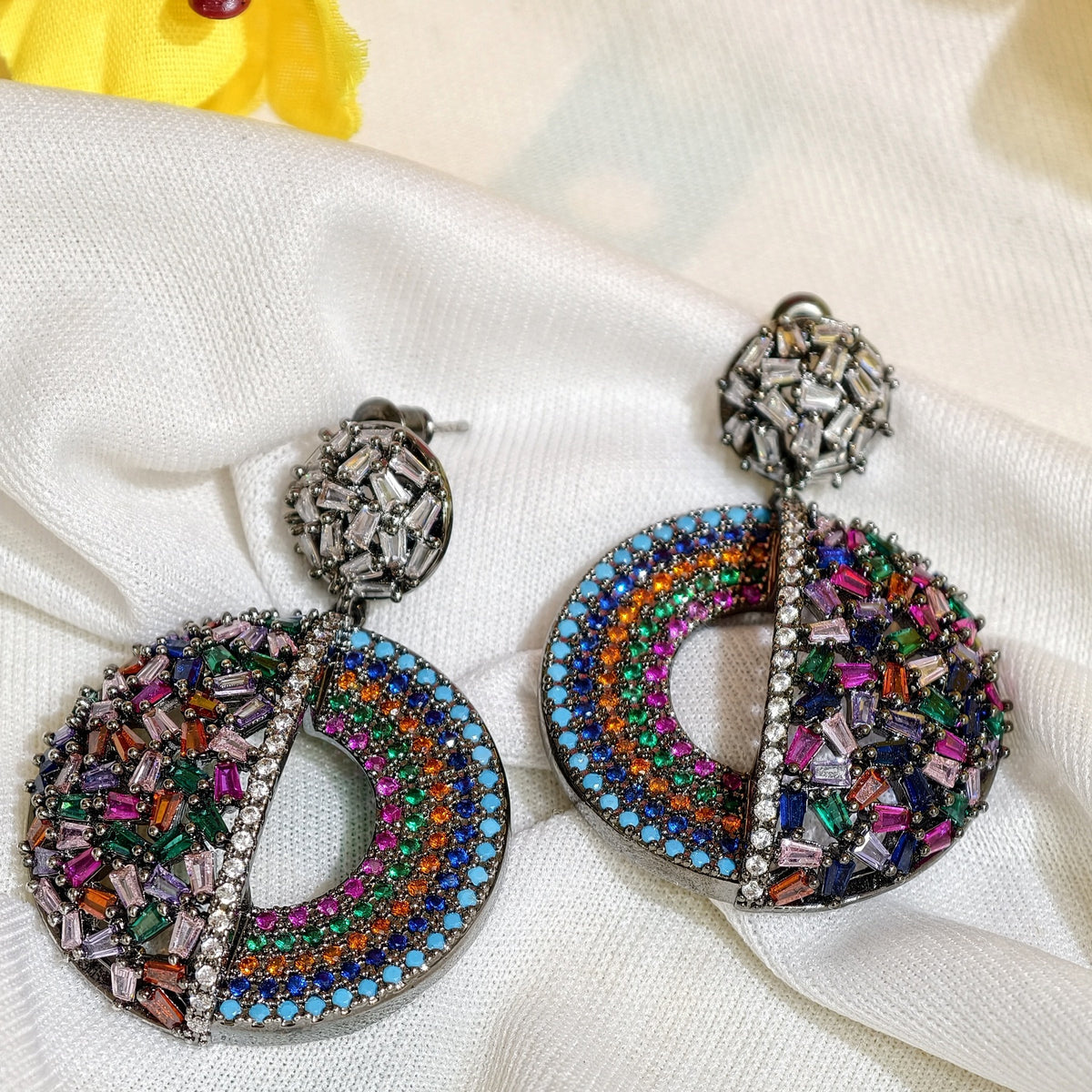 Close-up of Multicolour Nano Setting AD Circular Drop Earrings