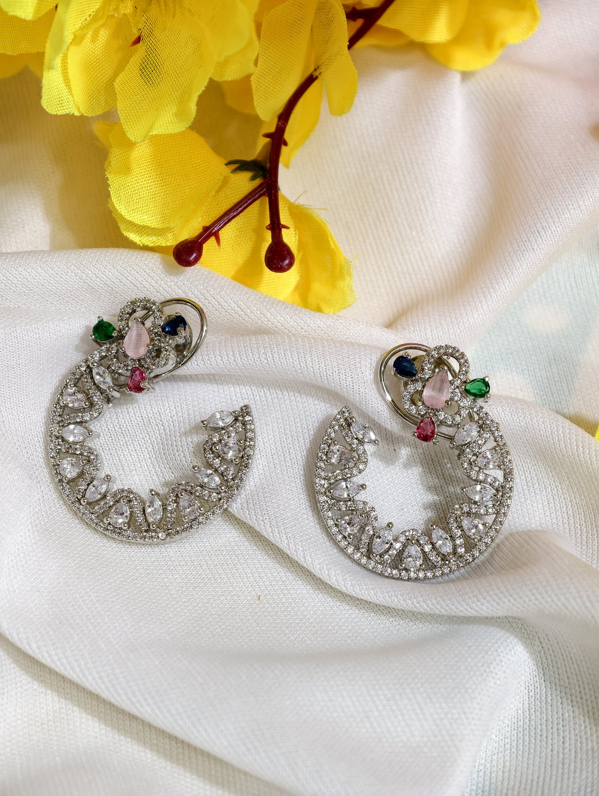 Original product view of Multicolour Nano Setting AD Crescent Hoop Earrings