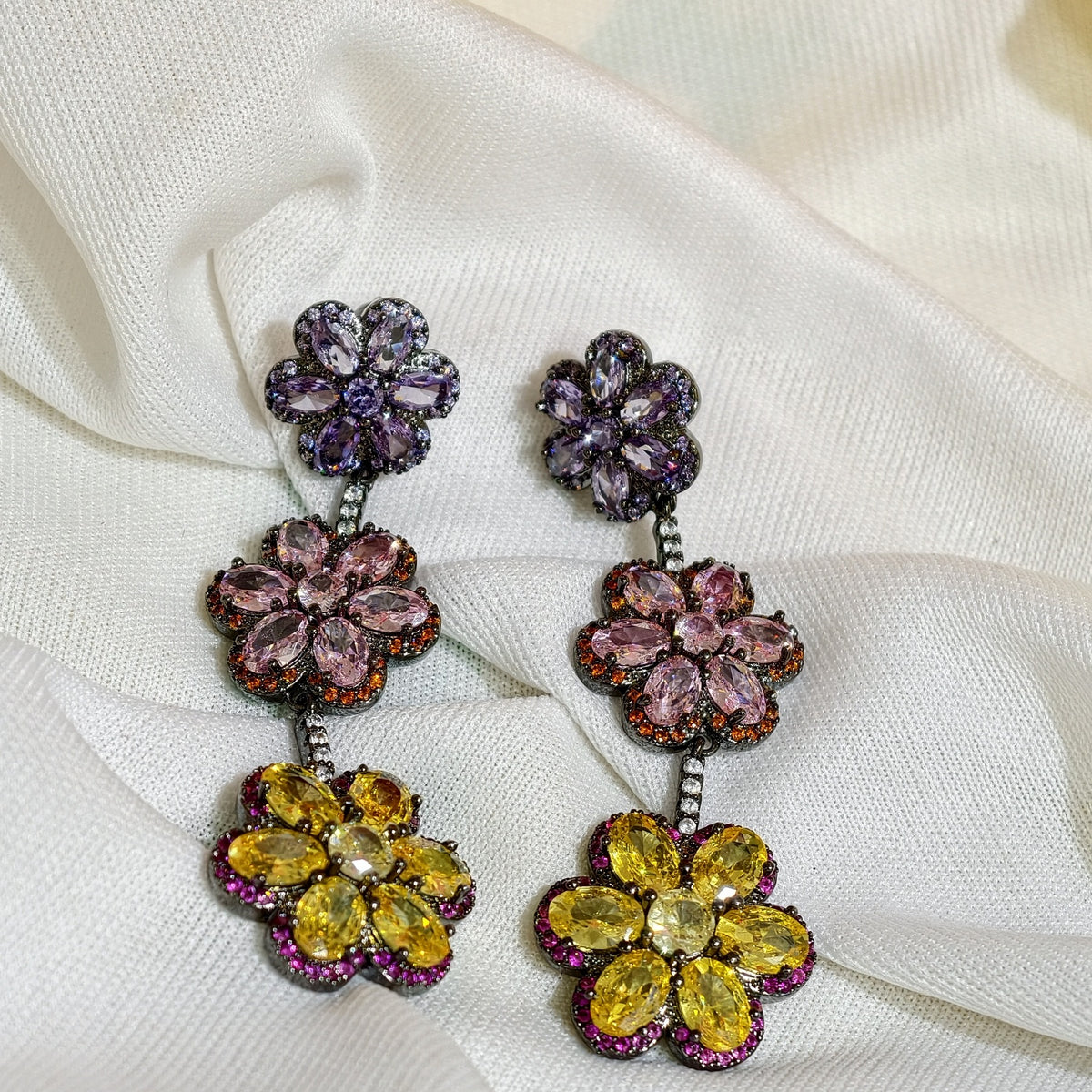 Close-up of Multicolour Nano Setting AD Floral Drop Earrings