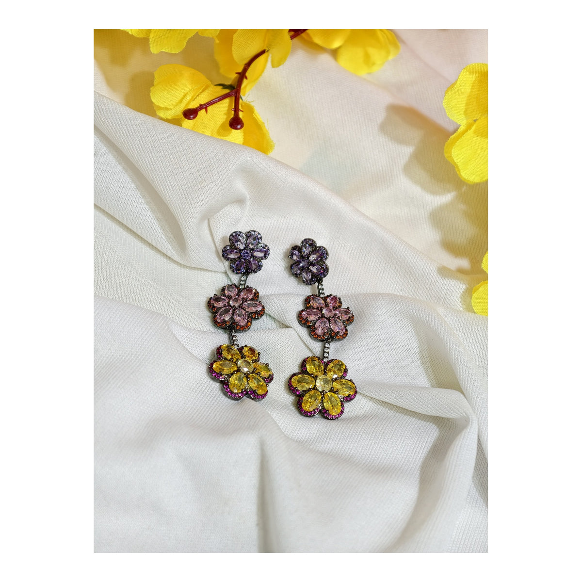 Multicolour Nano Setting AD Floral Drop Earrings