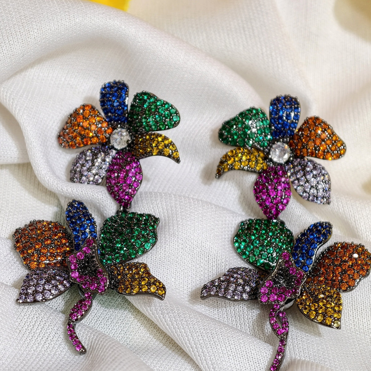 Close-up of Multicolour Nano Setting AD Floral Statement Earrings