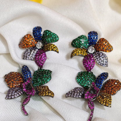 Close-up of Multicolour Nano Setting AD Floral Statement Earrings