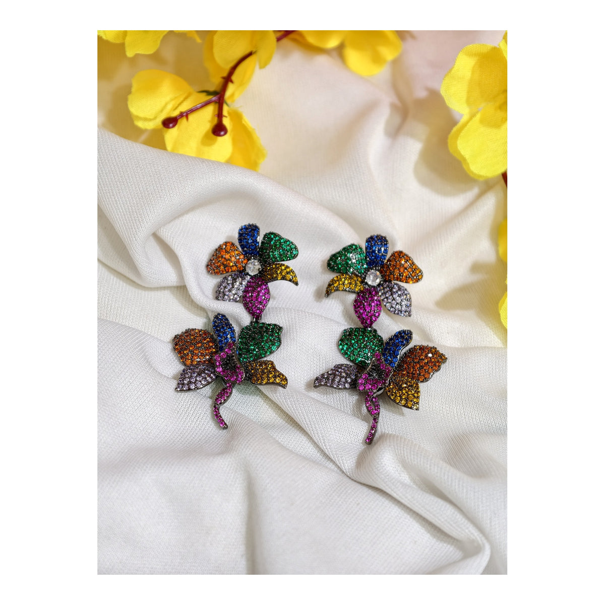 Multicolour Nano Setting AD Floral Statement Earrings