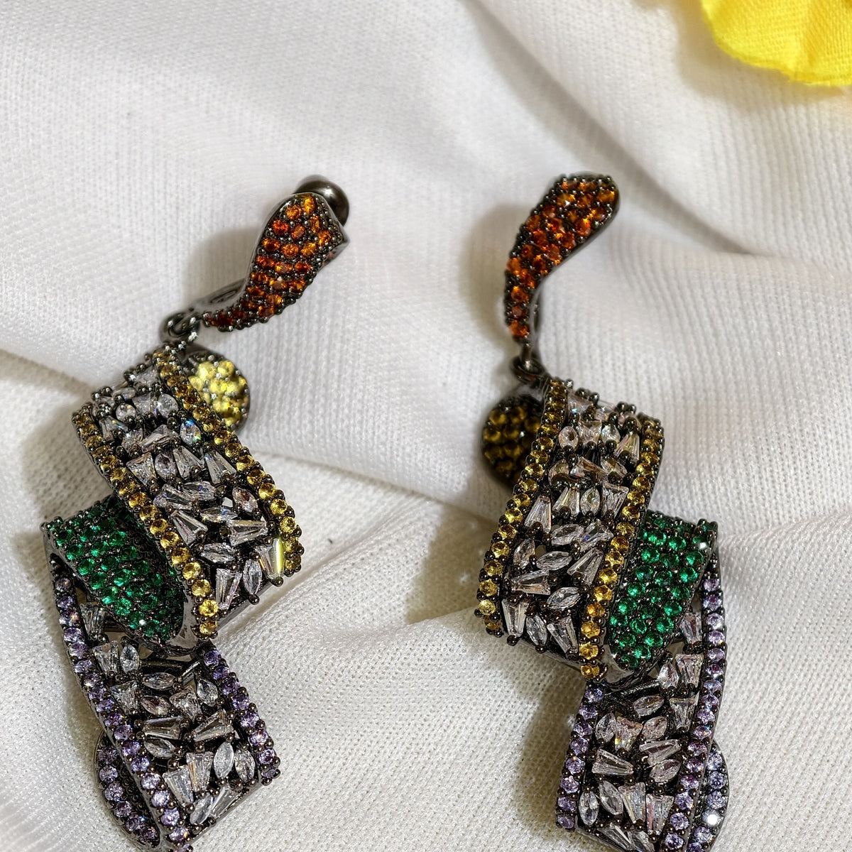 Close-up of Multicolour Nano Setting AD Geometric Drop Earrings