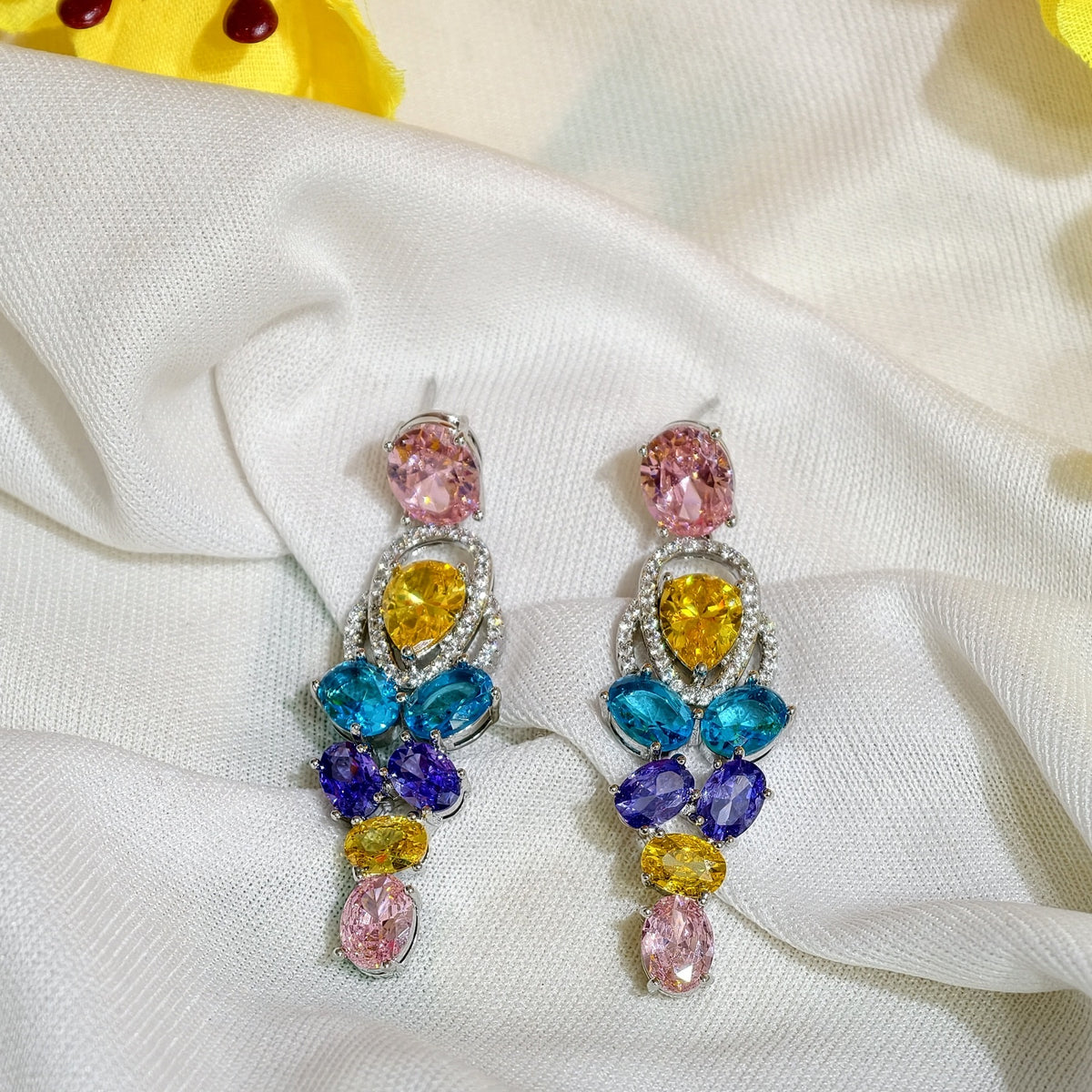 Close-up of Multicolour Nano Setting AD Linear Drop Earrings