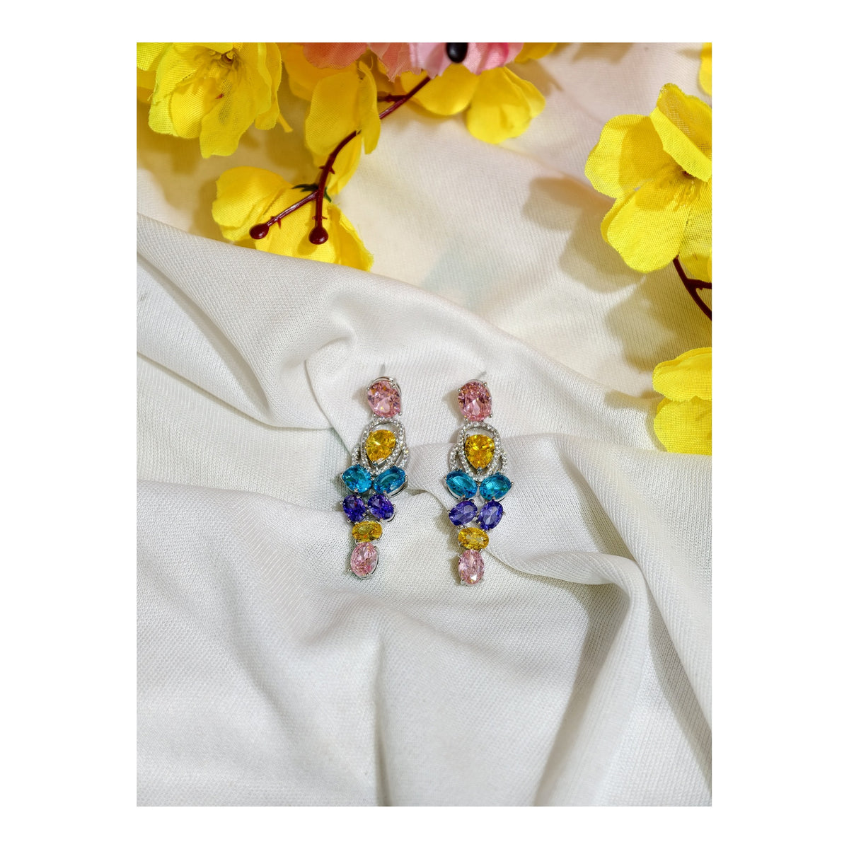 Multicolour Nano Setting AD Linear Drop Earrings