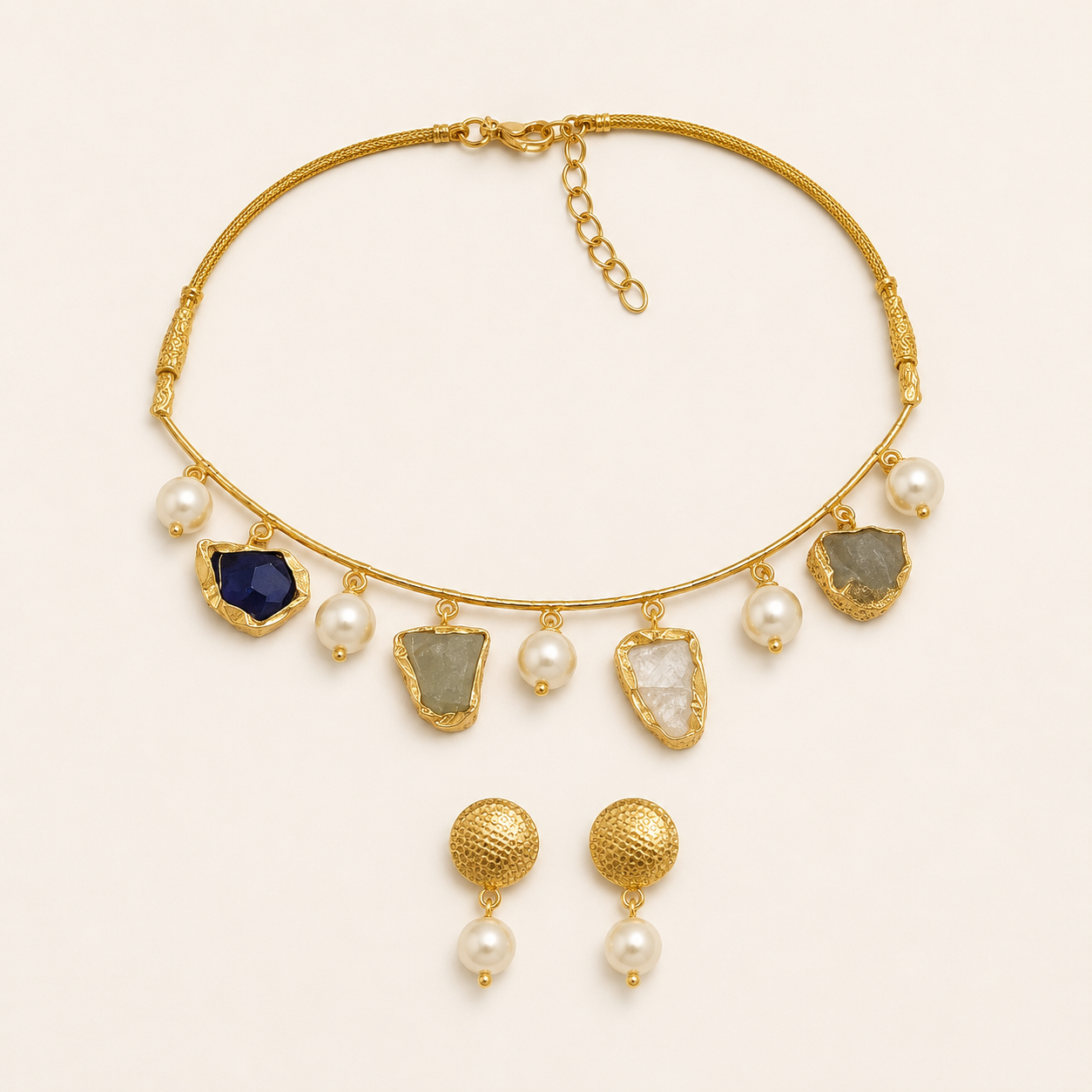Gold-tone natural semi-precious stone necklace and matching earrings flat lay