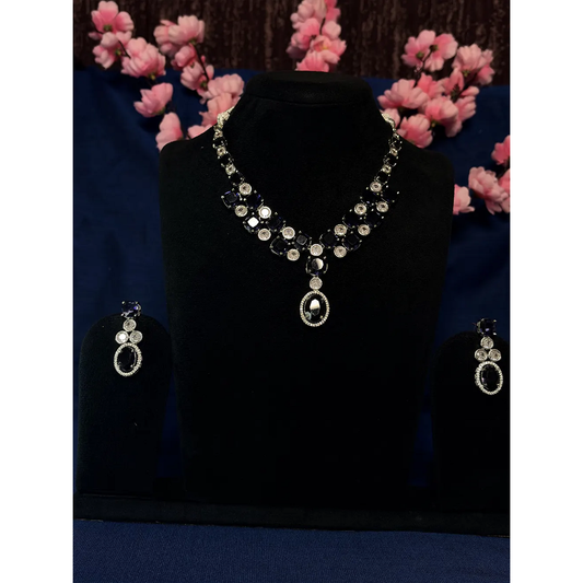 Navy Blue & White American Diamond Square Oval Pendant Necklace Set with Drop Earrings