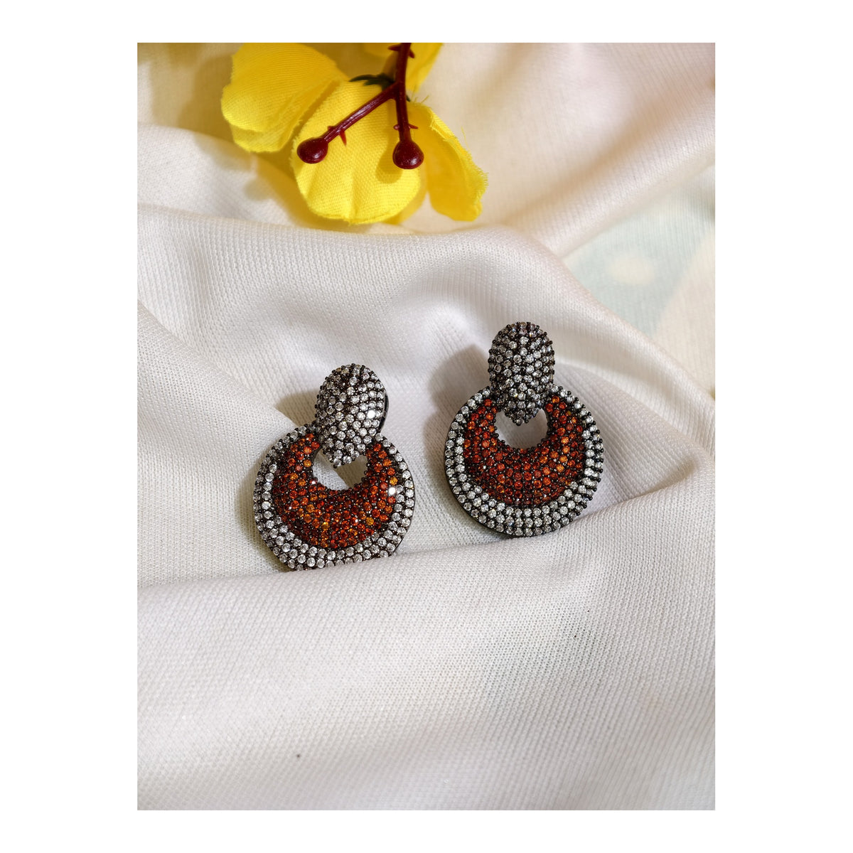 Orange Nano Setting AD Circular Drop Earrings
