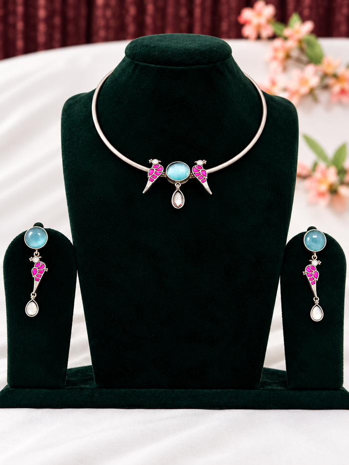 Oxidised Silver Replica Aqua Pink Minimalist Torque Necklace Set with Earrings