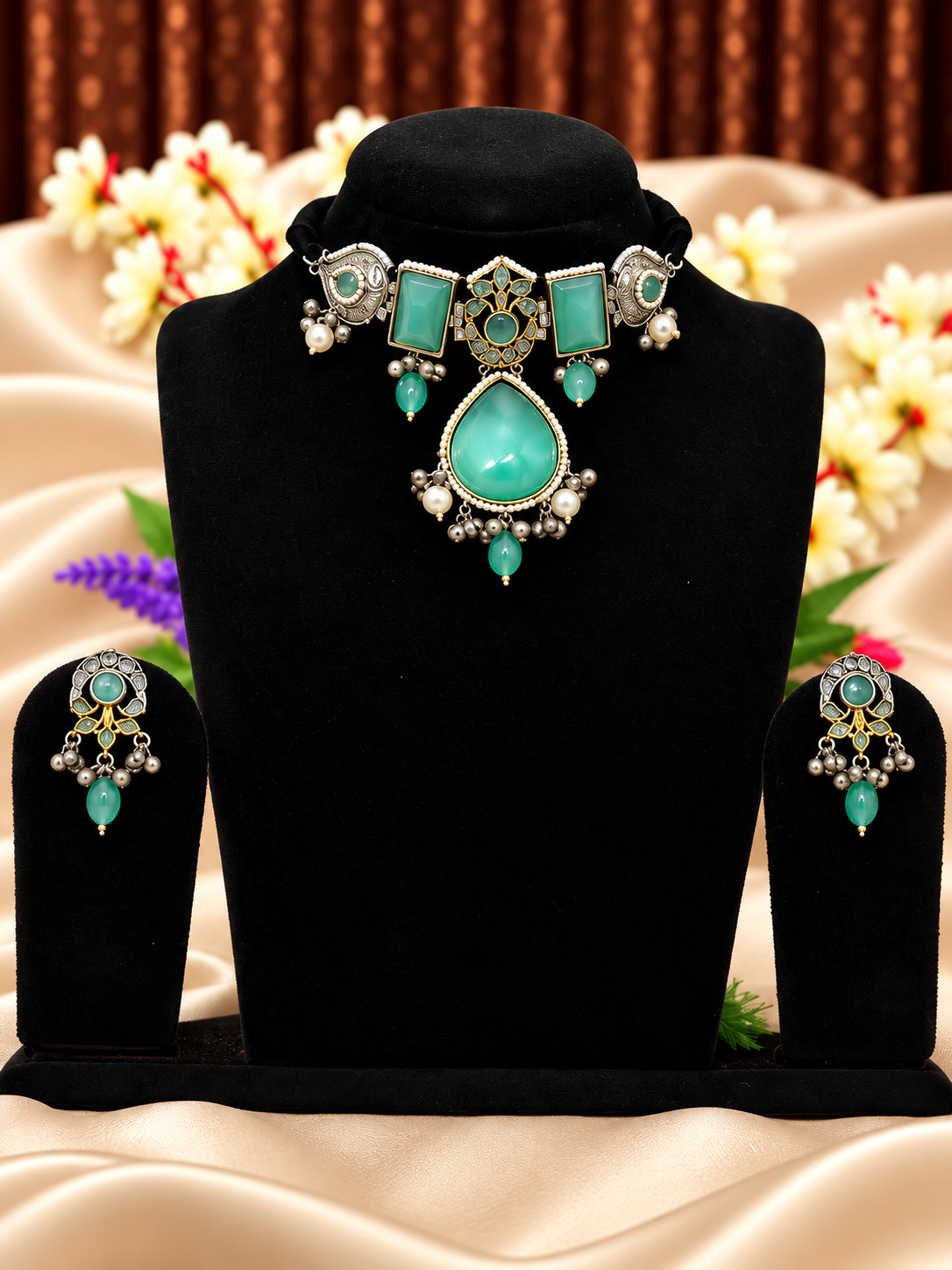 Oxidised silver replica aqua teardrop floral choker necklace set with matching earrings