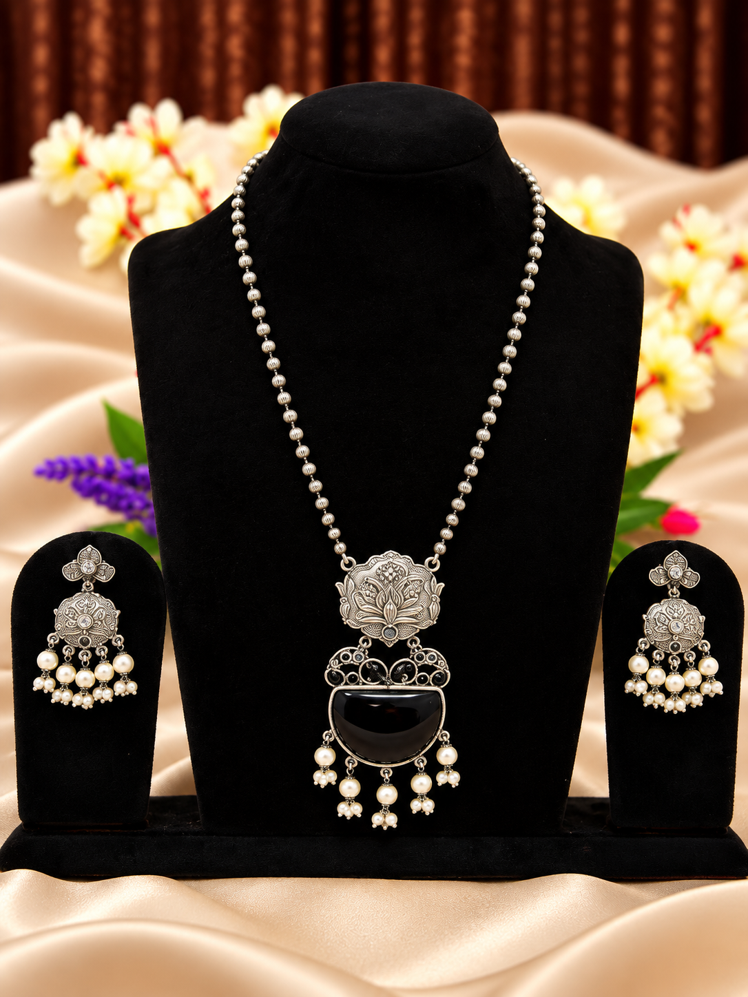 Oxidised silver replica black stone necklace set with pearl-style drops and matching earrings