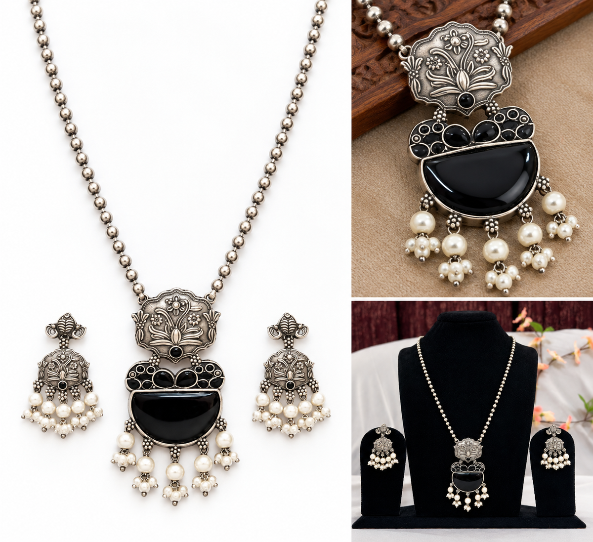 Oxidised silver replica necklace set with black stone pendant, pearl-style drops and matching earrings