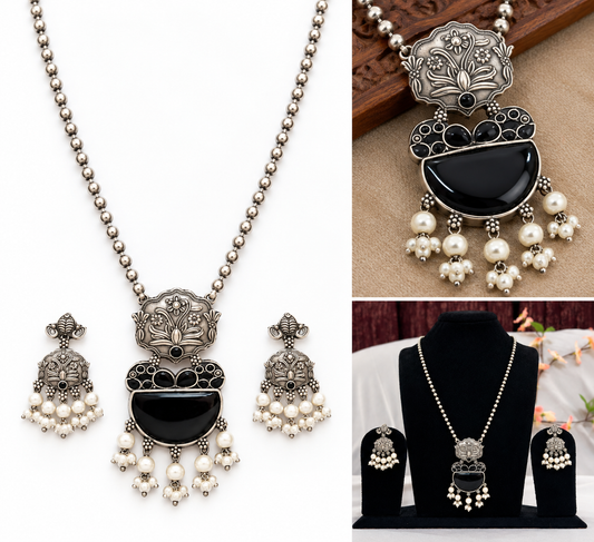 Oxidised silver replica necklace set with black stone pendant, pearl-style drops and matching earrings
