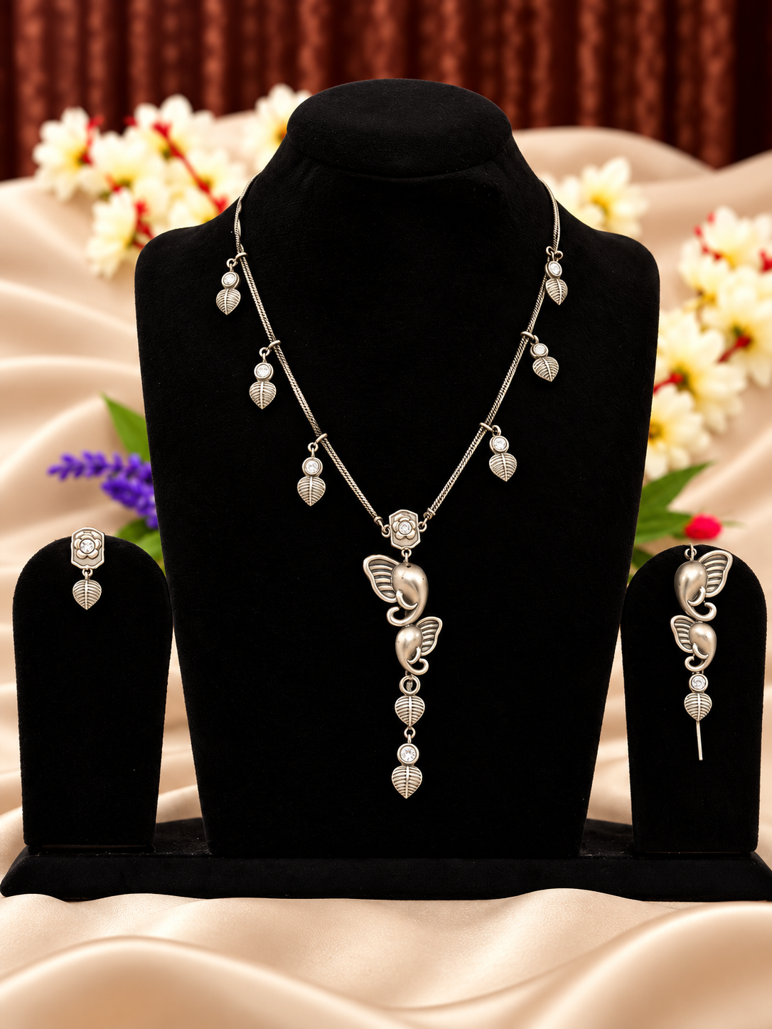 Oxidised silver replica butterfly pearl drop necklace set with matching earrings