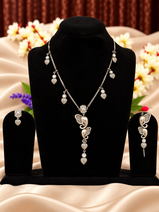 Oxidised silver replica butterfly pearl drop necklace set with matching earrings