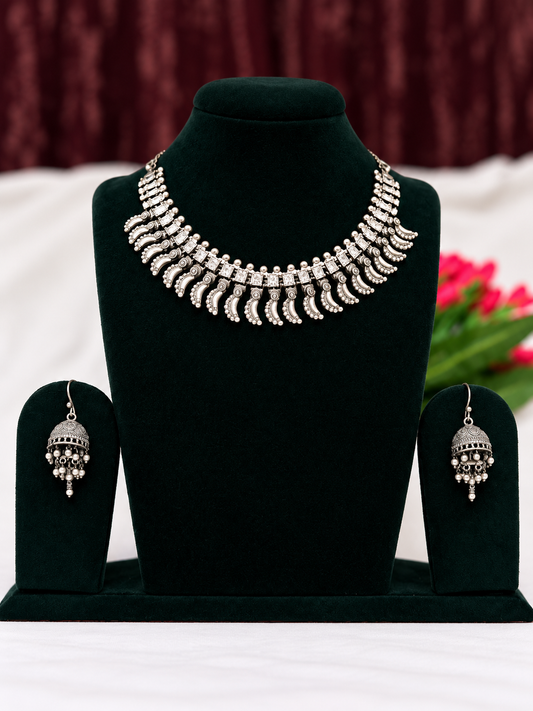Oxidised silver replica crescent fringe collar necklace set with matching jhumka earrings