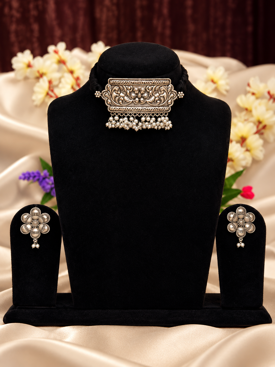 Oxidised silver replica floral choker necklace set with pearl-style drops and matching floral earrings