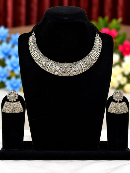 Oxidised silver replica floral collar necklace set with matching statement earrings