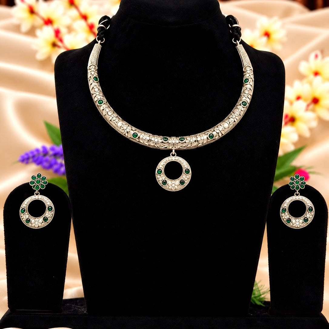 Oxidised silver replica green stone collar necklace set with matching earrings