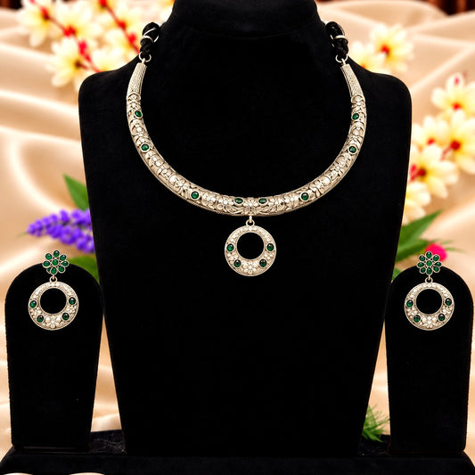 Oxidised silver replica green stone collar necklace set with matching earrings