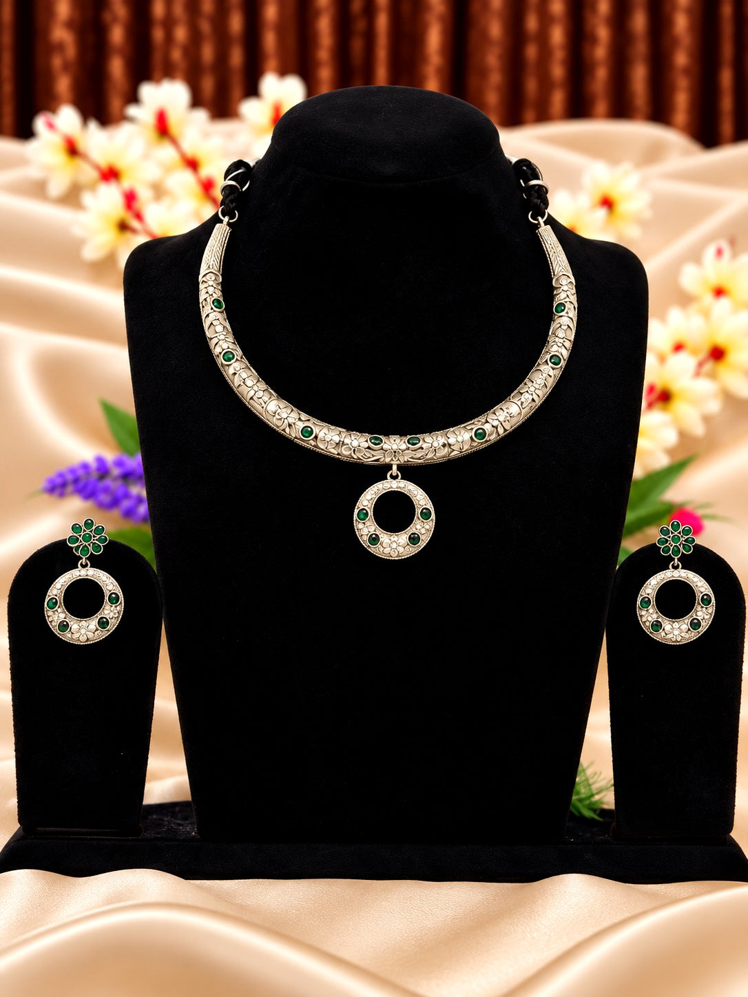 Oxidised silver replica green stone necklace and earrings set