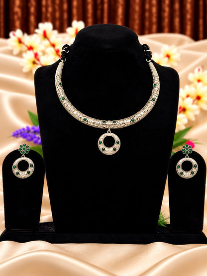 Oxidised silver replica green stone necklace and earrings set