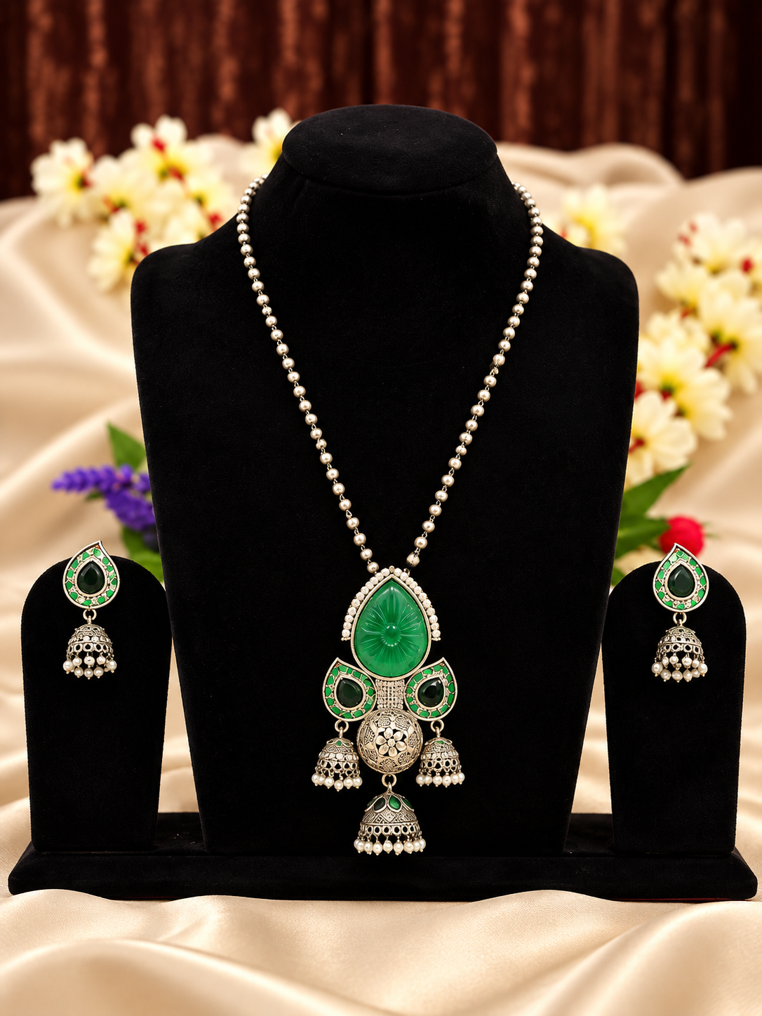 Oxidised silver replica green stone jhumka pendant necklace set with matching earrings