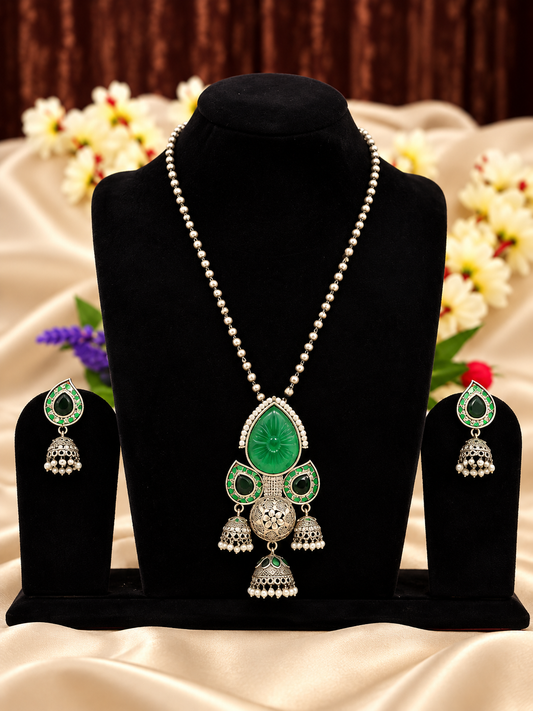 Oxidised silver replica green stone jhumka pendant necklace set with matching earrings