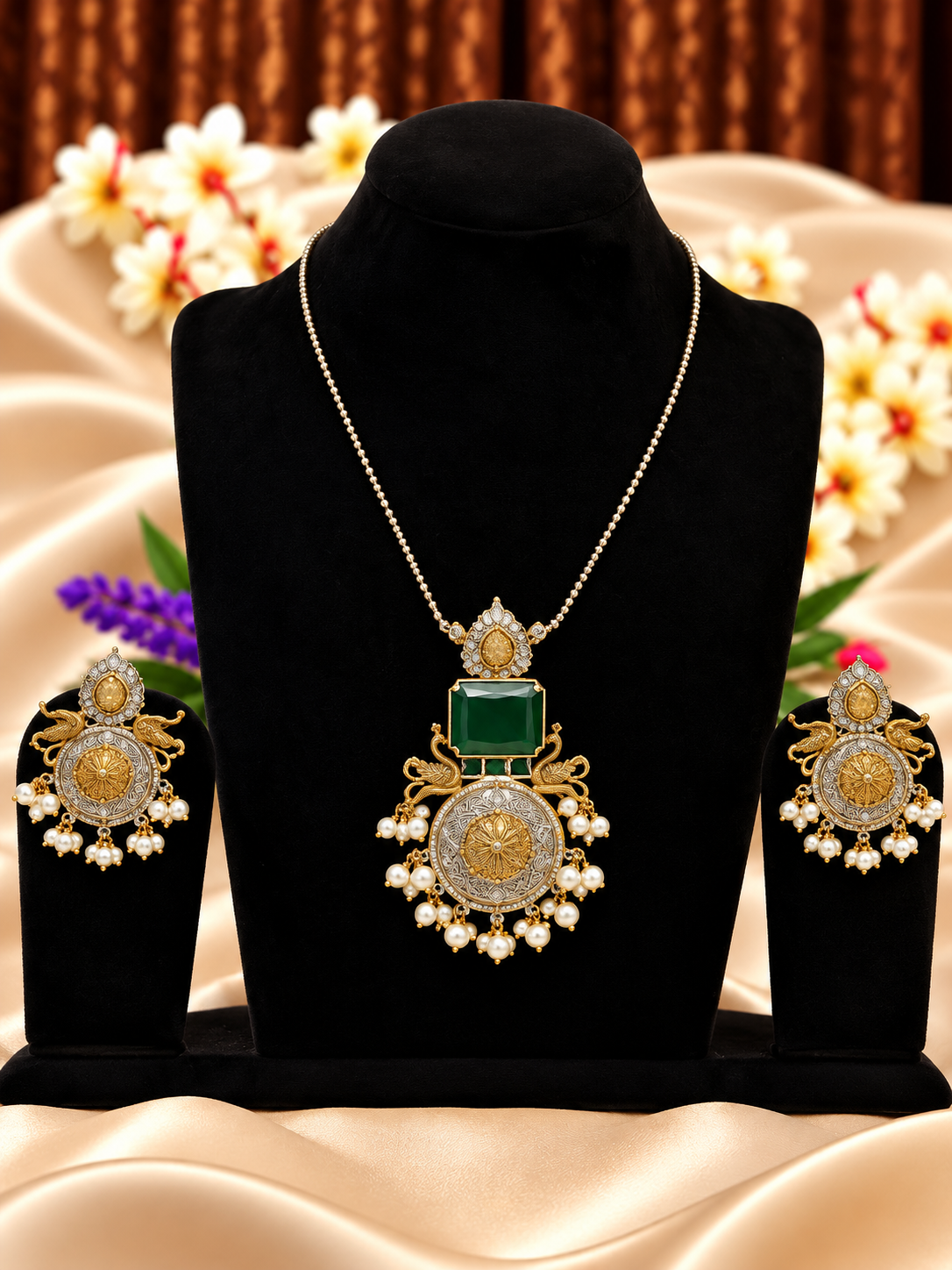 Oxidised silver replica green stone medallion pendant necklace set with matching earrings