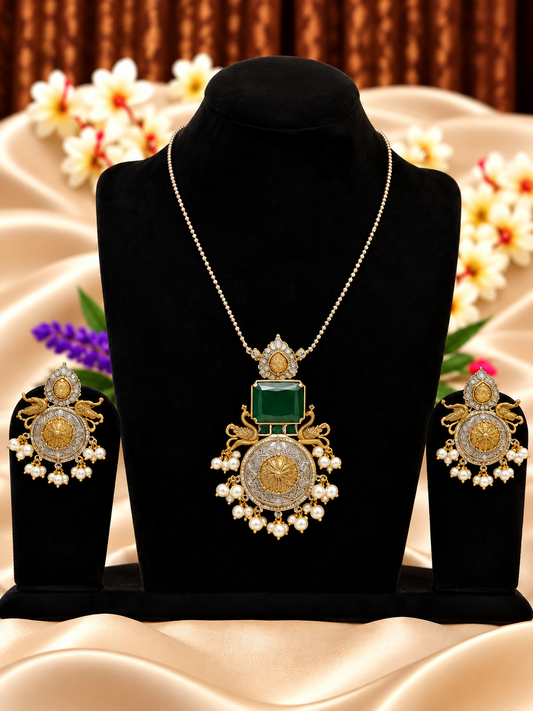 Oxidised silver replica green stone medallion pendant necklace set with matching earrings
