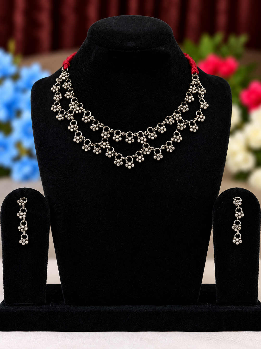Oxidised silver replica Hasli necklace set with matching earrings