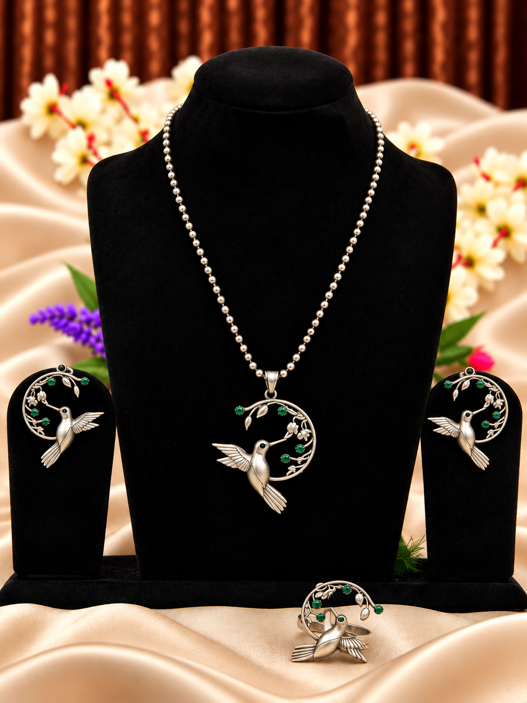 Oxidised silver replica hummingbird green stone pendant necklace set with matching earrings and ring