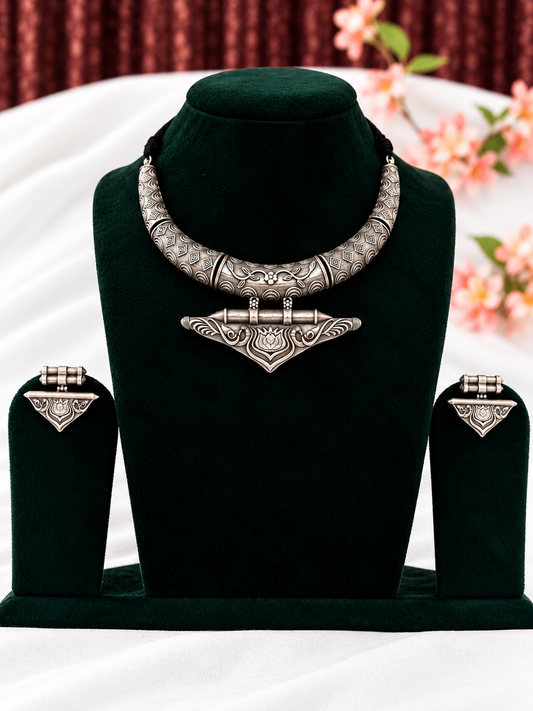 Oxidised silver replica lotus motif hasli necklace set with matching earrings