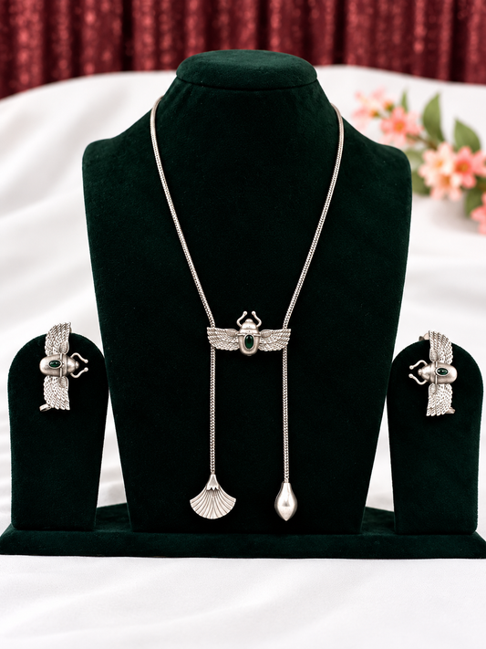 Oxidised silver replica minimalist lariat necklace set with matching earrings