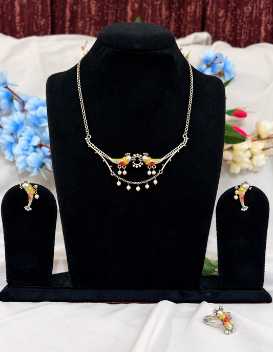 Oxidised silver replica multicolour bird motif delicate necklace set with matching earrings