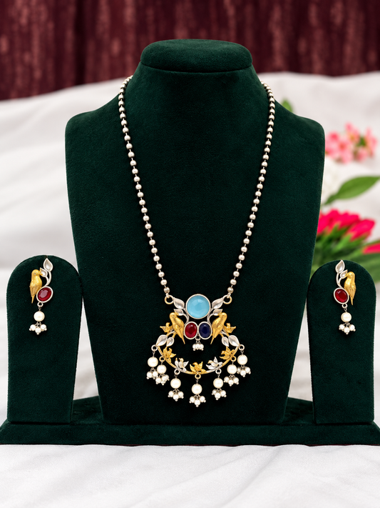 Oxidised silver replica multicolour bird motif pendant necklace set with pearl-style drops and matching earrings
