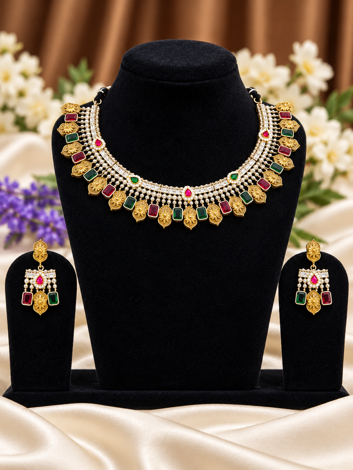 Oxidised Silver Replica Multicolour Fringe Collar Necklace Set with Earrings