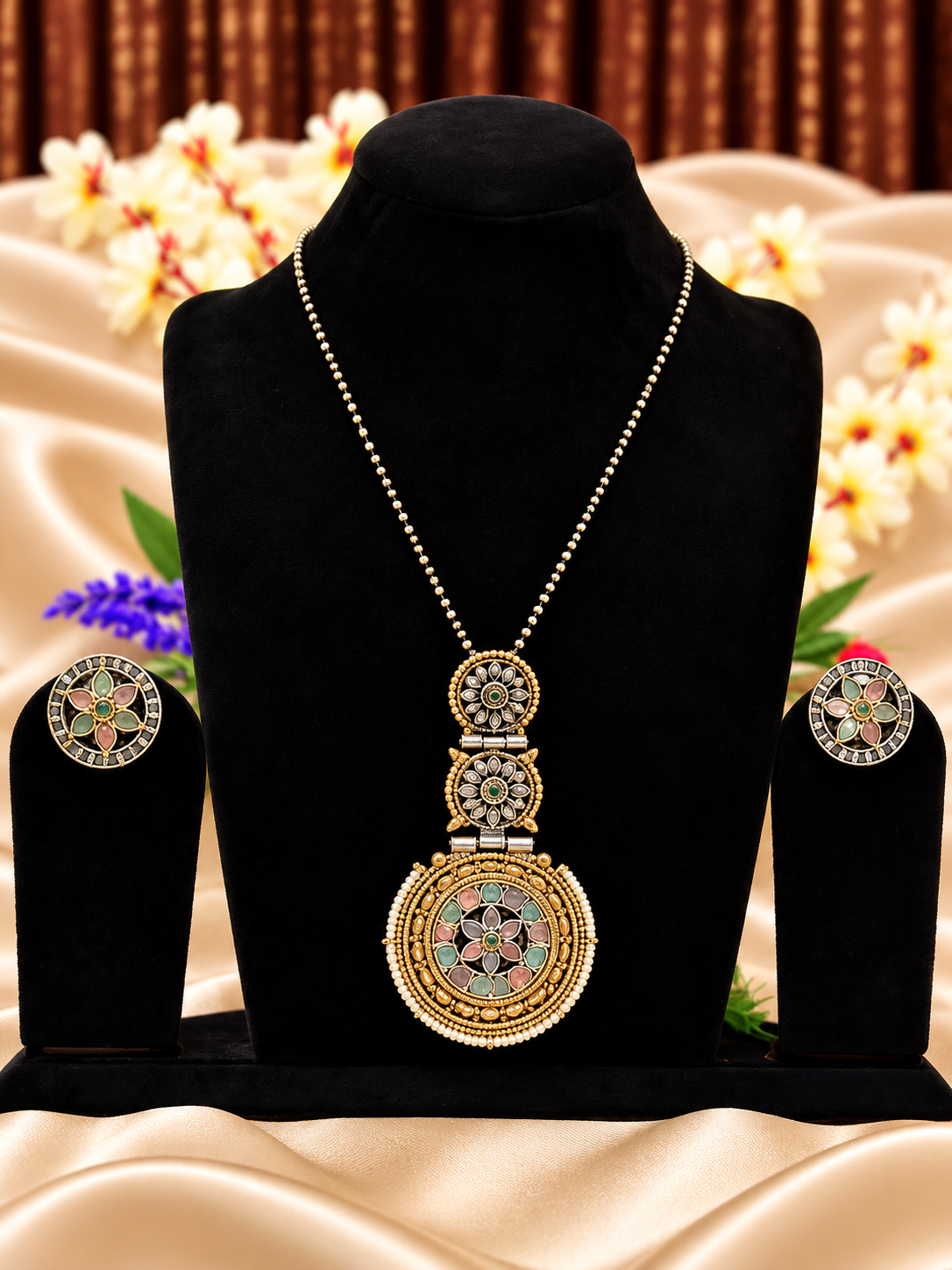 Oxidised silver replica multicolour mandala medallion pendant necklace set with matching earrings