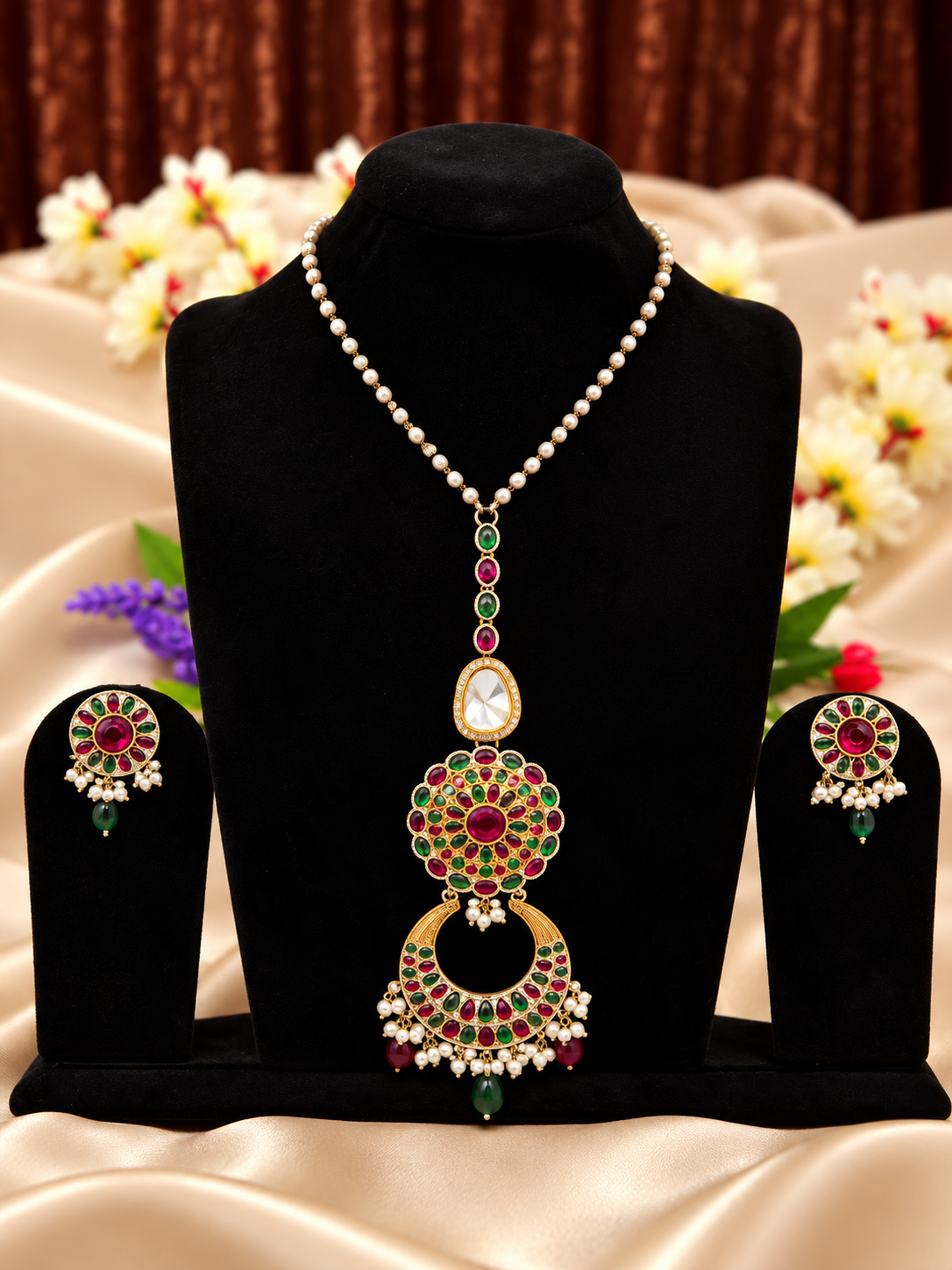 Oxidised silver replica multicolour medallion necklace set with matching jhumka earrings