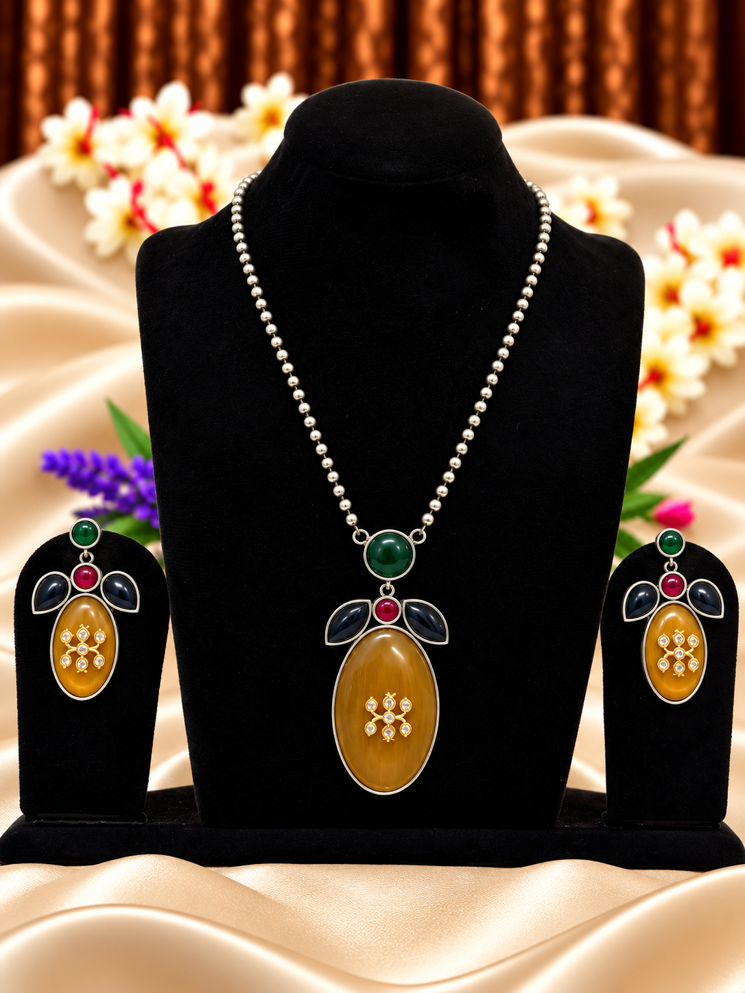 Oxidised silver replica multicolour oval stone pendant necklace set with matching earrings