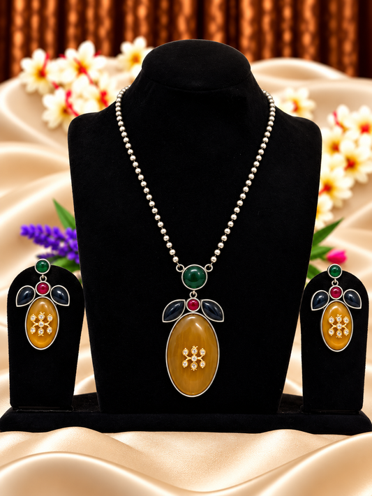 Oxidised silver replica multicolour oval stone pendant necklace set with matching earrings