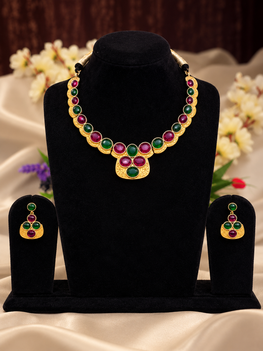 Oxidised silver replica multicolour stone choker necklace set with matching earrings