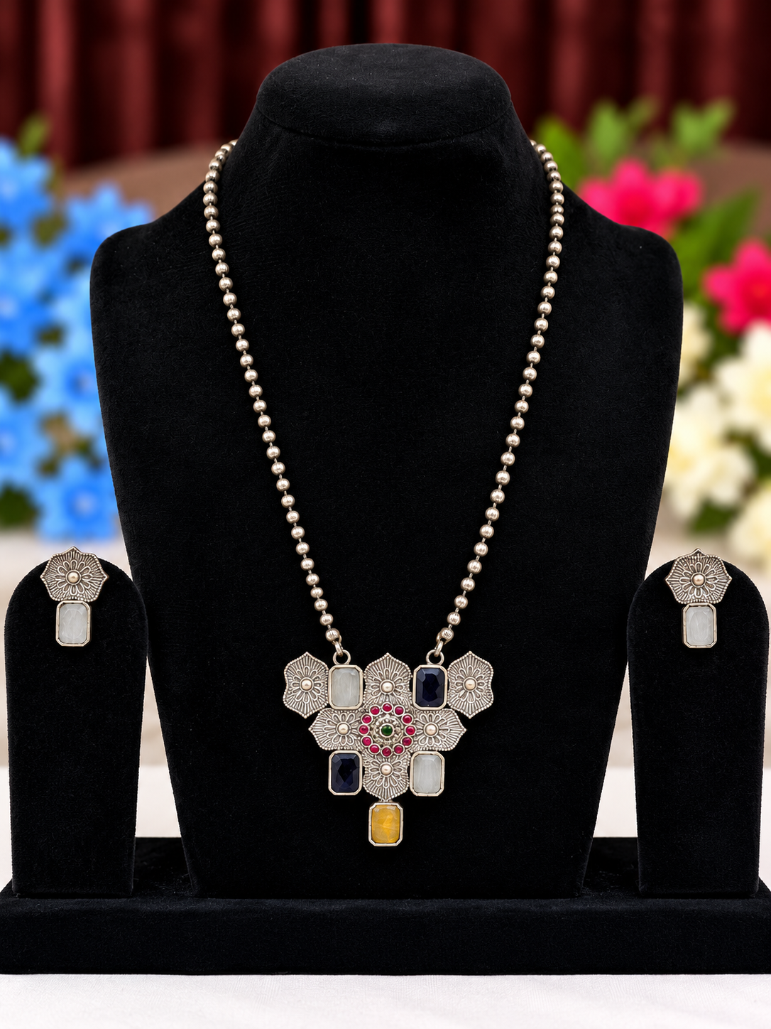 Oxidised silver replica multicolour stone floral pendant necklace set with matching earrings