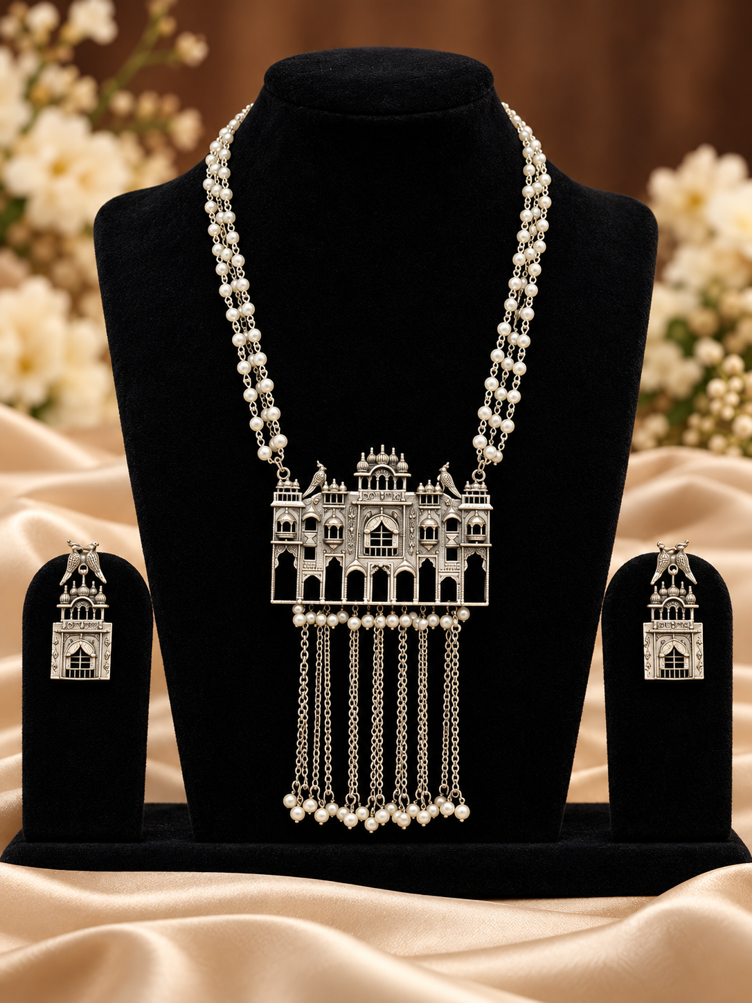 Oxidised silver replica palace motif pearl-style layered necklace set with matching earrings
