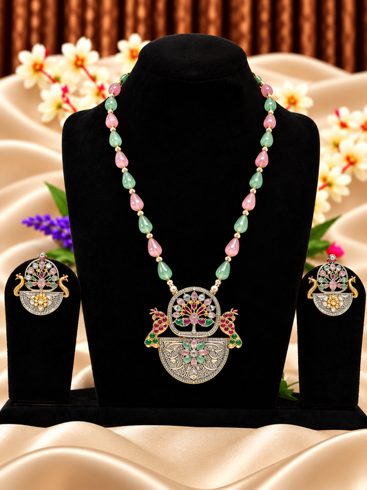 Oxidised silver replica pastel bead peacock pendant necklace set with matching earrings