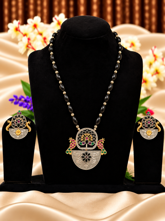 Oxidised silver replica peacock floral pendant necklace set with matching earrings