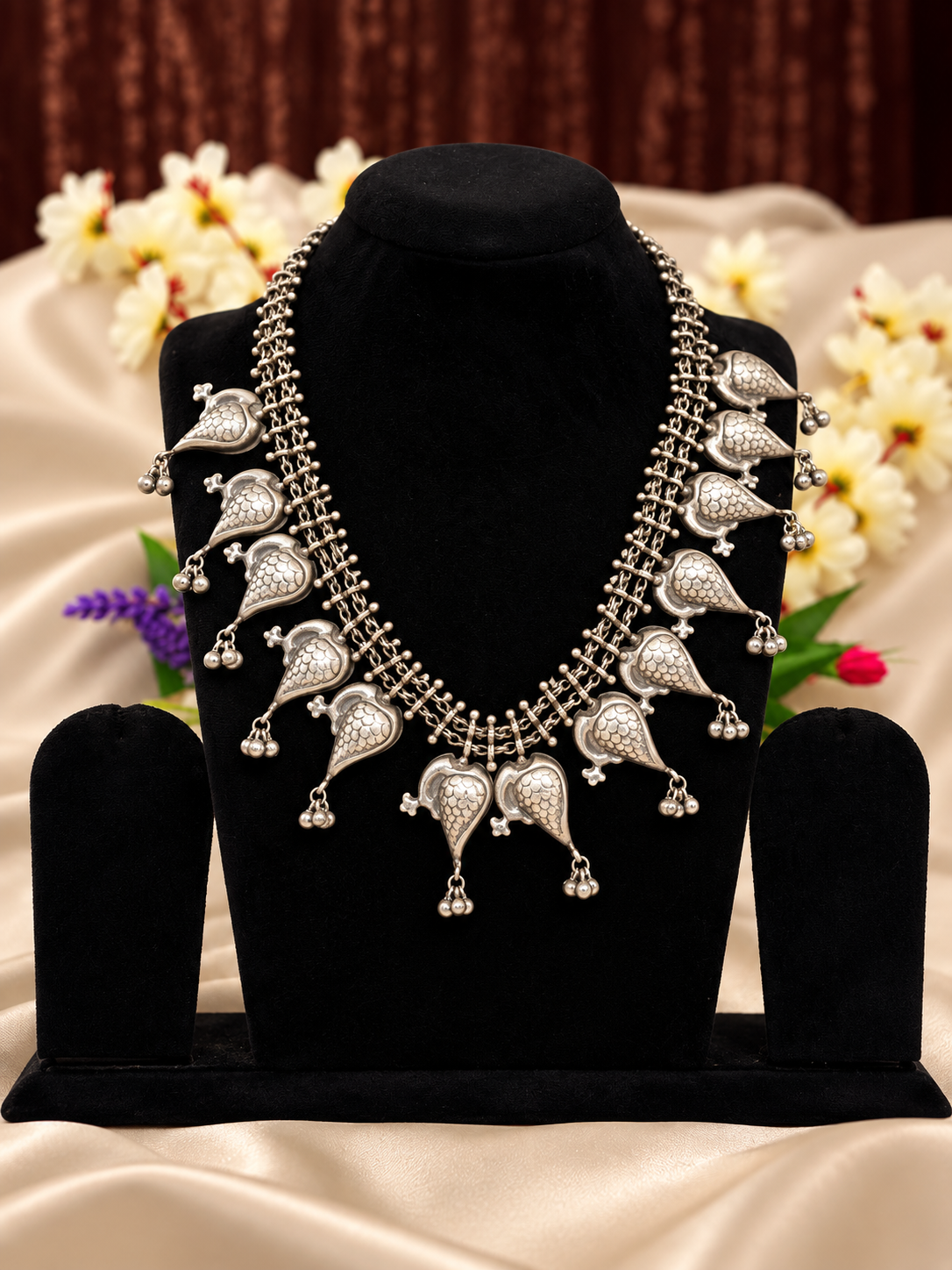 Oxidised silver replica peacock motif fringe necklace